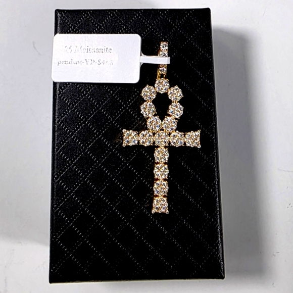 Stunning Real Gold Over 925 Sterling Silver Diamond Moissanite Ankh Pendant - Picture 7 of 7